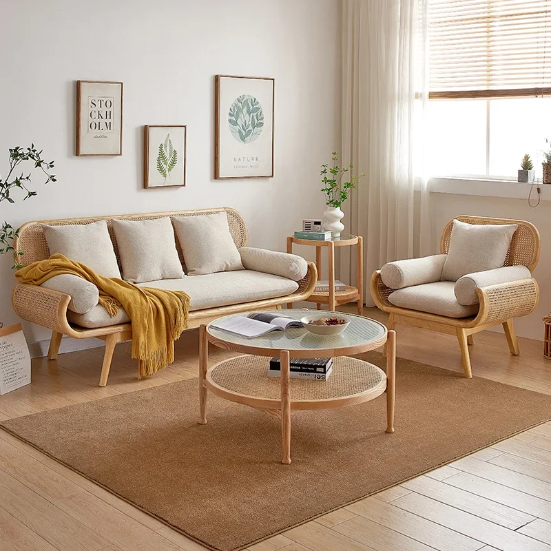 Sofá doble tejido de ratán retro de madera nórdica, sala de estar, silla de ocio para el hogar, apartamento pequeño para tres personas