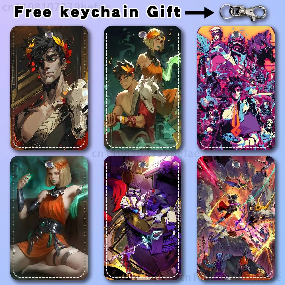

H-Hades ii Game Rectangle Card Case Keychain Access Card Bag Key Tag Ring Leather Card Holder Key Ring Access