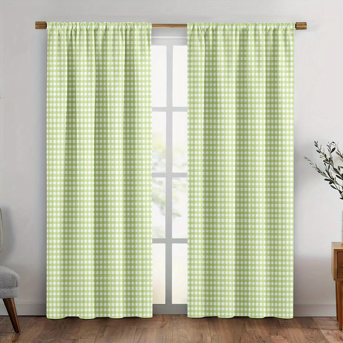 Green Gingham Check Curtains Window Drapes for Bedroom Living Room Nursery Cute Cottage Style Filter Window Privacy Treatments