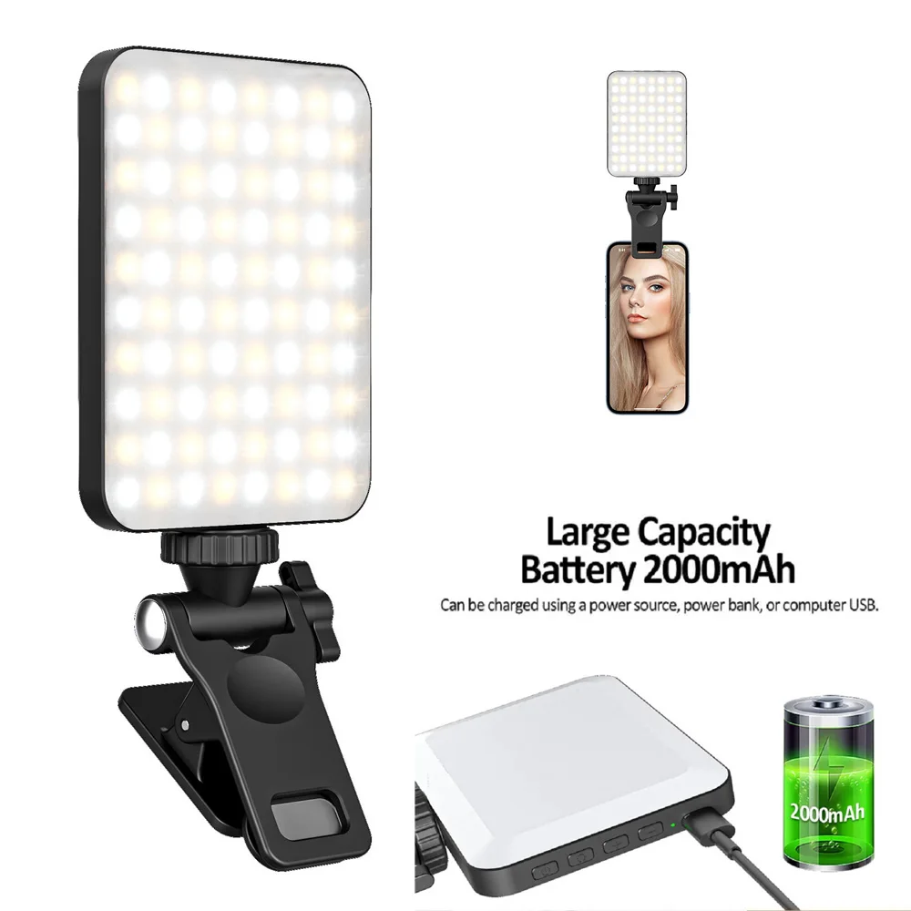 2000mAh Selfie Light Three Color Temperatures Rechargeable Portable Fill Light Video Conference Lighting with Clip