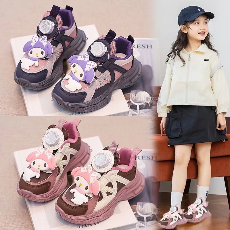 

Children's sports shoes, rotating buckle, autumn new style, leather cartoon Cinnamoroll, Kuromi dad shoes, casual shoes