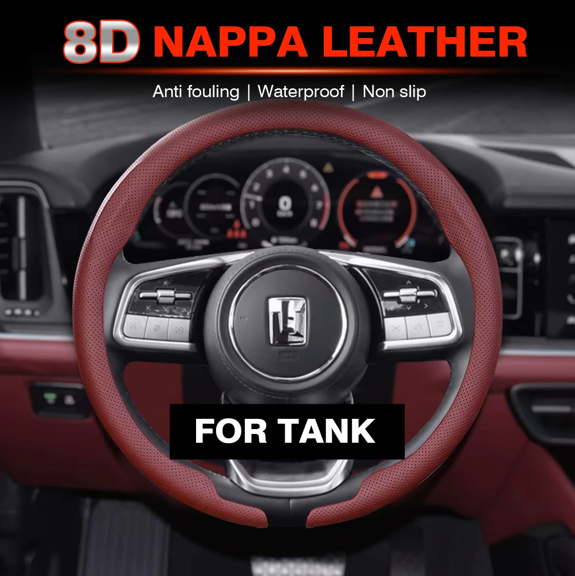 

8D Nappa leather Car Steering Wheel Cover For WEY Tank 300 400 500 2022-2024 Non-Slip Leather Breathe Car Interior Accessories