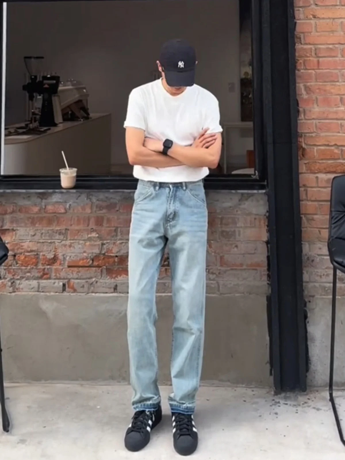 

Light Blue Waed Straight Leg Jeans Men's Summer High Waist Long Pants American High Street Vibe Wear Resistant Micro Stretch