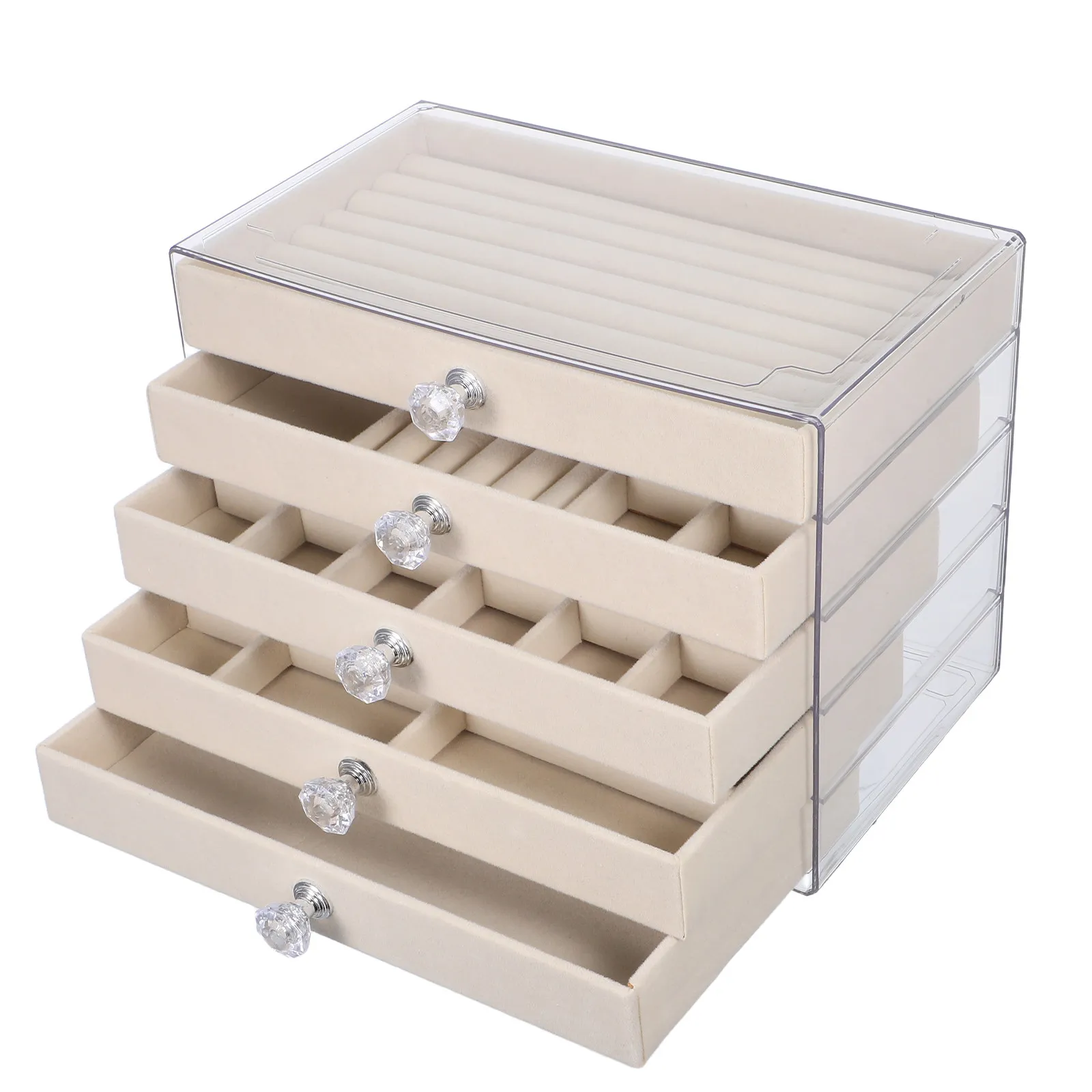 

5-Compartment Clear Acrylic Jewelry Organizer Box Drawer Style Display Storage for Women Earrings Necklaces Rings Bracelets Tray