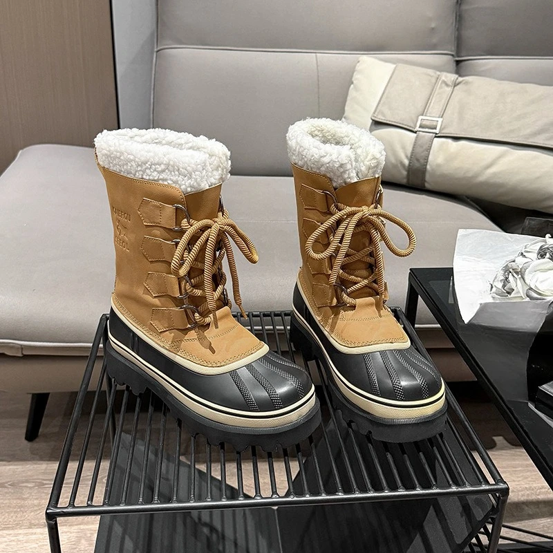 

Mountaineering waterproof and non-slip couple medium tube lace-up snow leather wool warm thickened ski boots