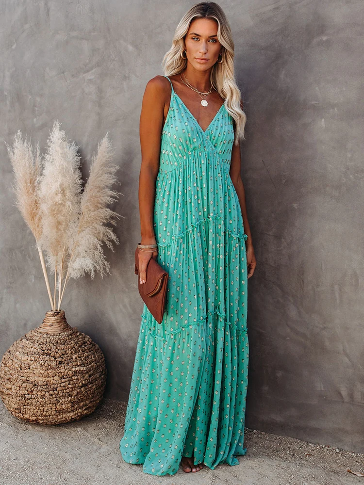 Maxi sukienki w stylu Boho kobieta lato zielony Strappy Sundress kobieta moda Casual długi letnia sukienka plażowa Chic drukowane sukienka Boho 2023