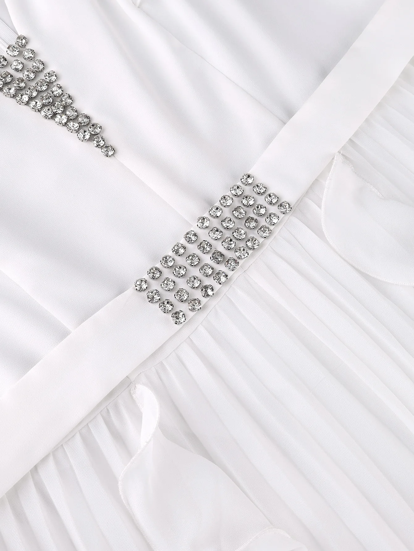 Plus Size Women V-neck Ruffle Jumpsuit White Ruffle Chiffon Wide-leg Rhinestone Belt Pleated Summer Elegant Casual Party Outfit - view 6