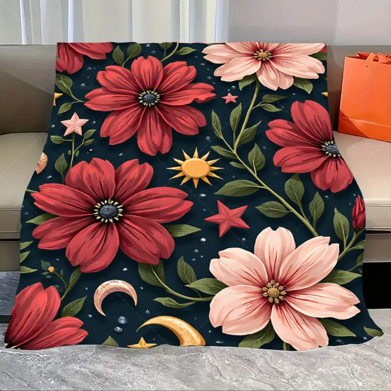 

1 шт. фланелевое одеяло Яркое небесное одеяло с цветочным принтом для уютных ночей - дизайн с красными и розовыми цветами