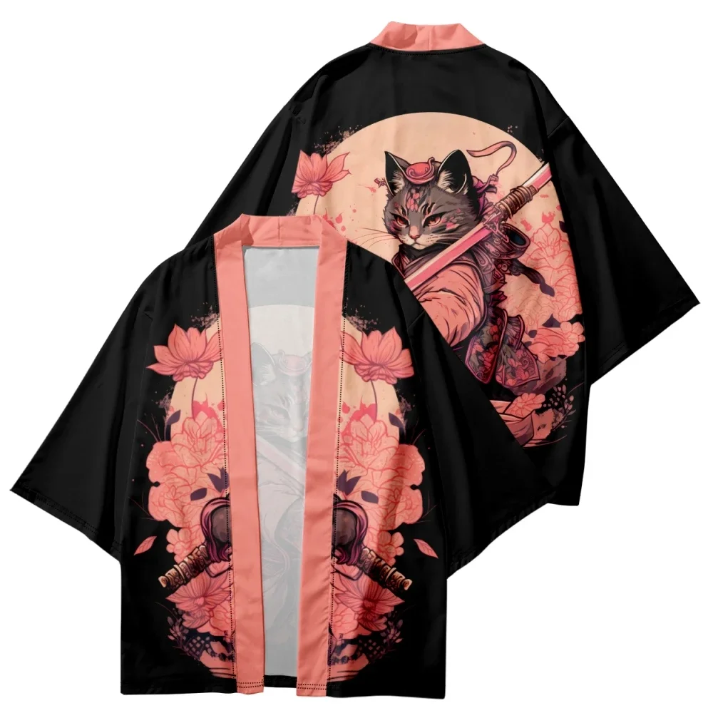 Kimono con estampado de gato samurái japonés para mujer, camisa Yukata, cárdigan Haori tradicional, Harajuku, ropa de calle asiática, Cosplay