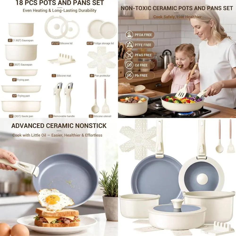 

18-Piece Non-Stick, Non-Toxic Cookware Set with Removable Handles, Suitable for Induction, Dishwasher, and Oven Use