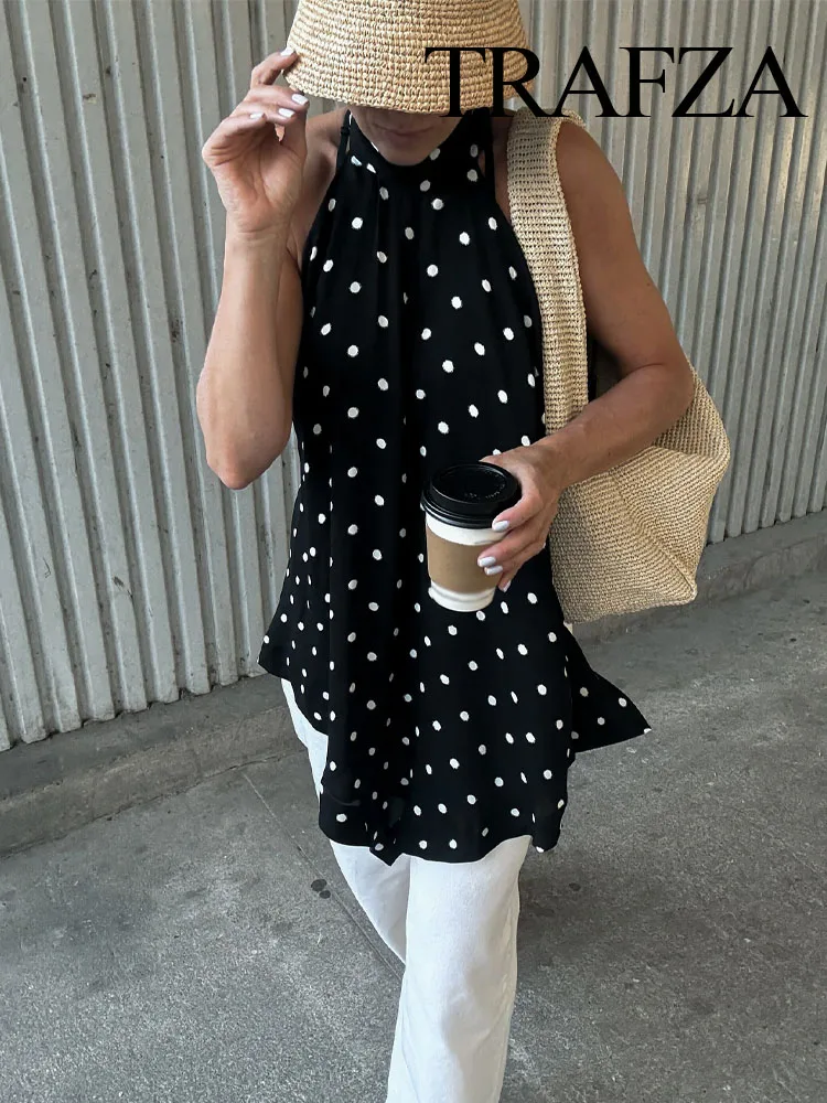 

TRAFZA Women's Summer Sexy Slim Sleeveless Tops Black Polka Dot Lace-Up Decoration Female New Fashion Backless Tops 2025