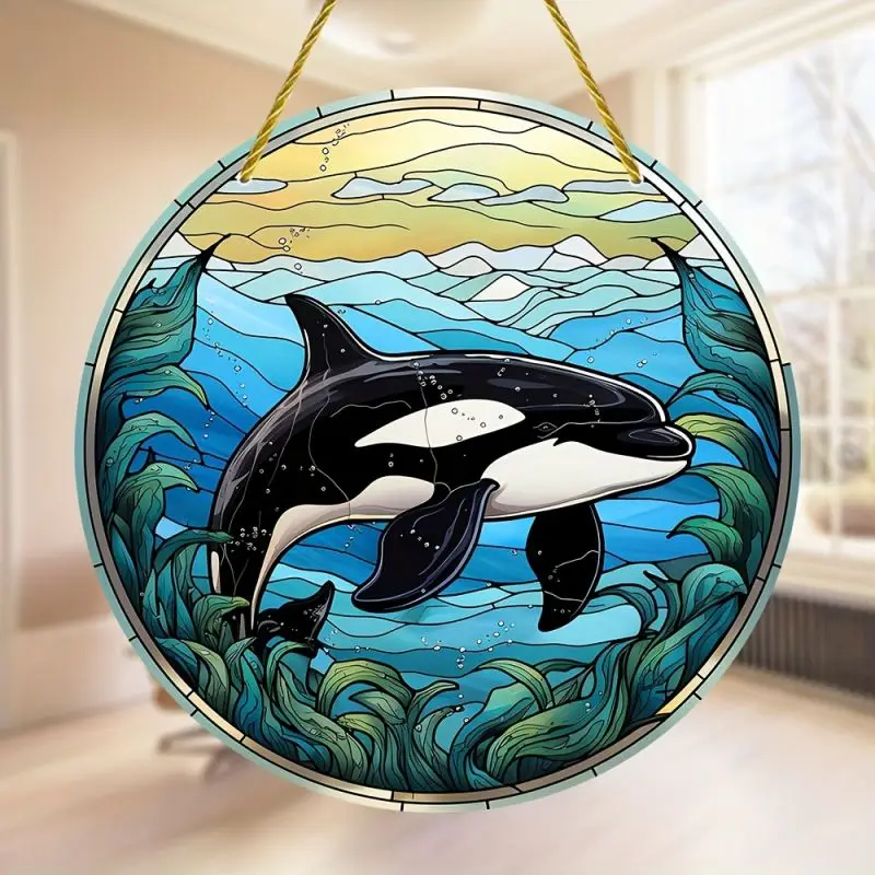Killer Whale Stained Suncatcher Wall Sign Vintage Acrylic Panel Light Catching Window Hanging Pendant Home Room Decor Ornament