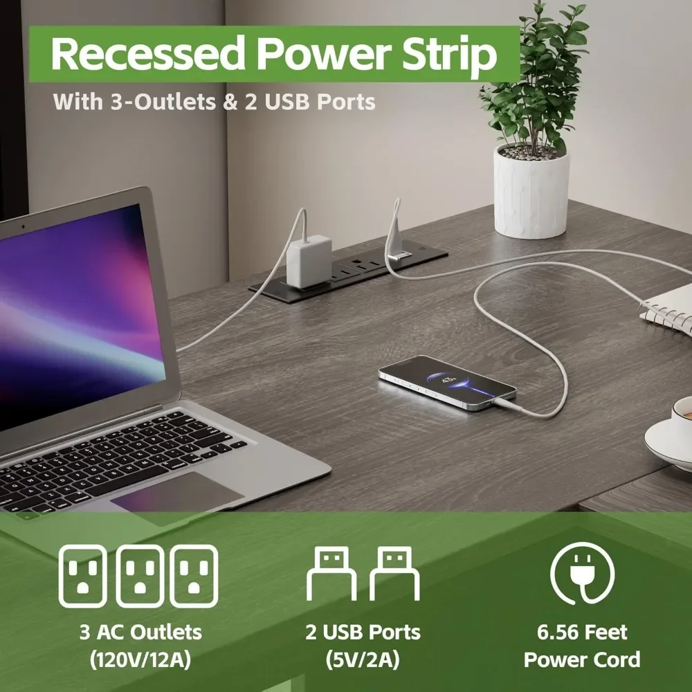 مكتب على شكل حرف L مع درج ملفات، مكتب زاوية 60 بوصة مع أدراج تخزين وخزانة، مكتب منزلي كبير مع منافذ طاقة