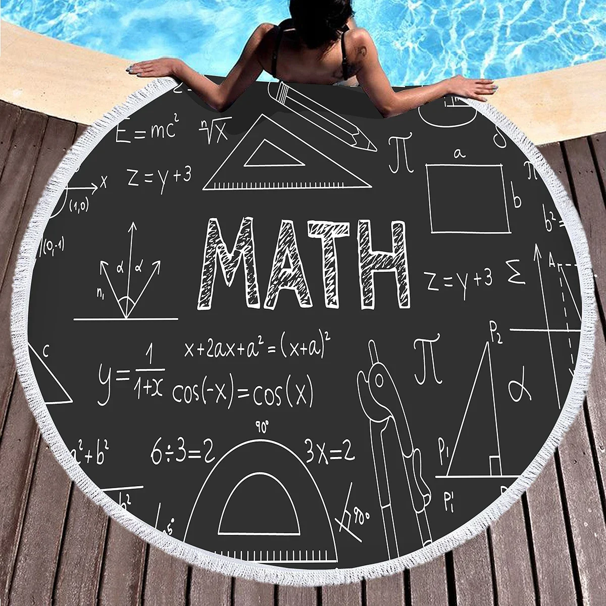Math Equation Print Round Beach Towel Mathematics Formula Beach Blanket Science Geometry Pattern Pool Towel Portable Picnic Mat