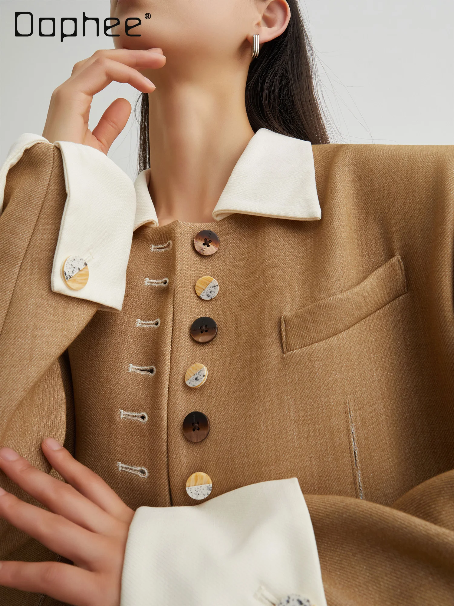 High End Blazer Women Loose Splicing POLO Collar Commuter Casual Single-breasted Jacket Fashion Temperament Long-sleeved Coat