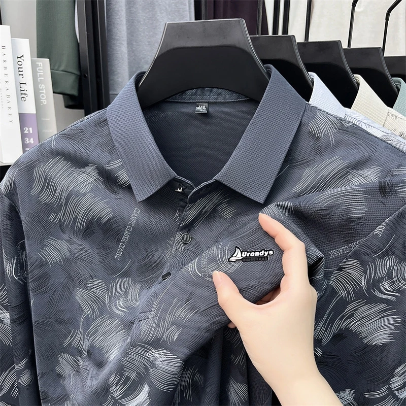 Herren-Polohemd mit abstraktem Blattmuster, langen Ärmeln, umgeschlagenem Kragen, atmungsaktivem, glattem Stoff, für den täglichen, lässigen Gebrauch. – Detail 11