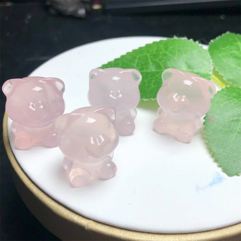 4PCS Natural Rose Quartz Cartoon Bear Carving Healing Gemstone Carved Figurine Gift Fashion Jewelry For Women Gift 24MM