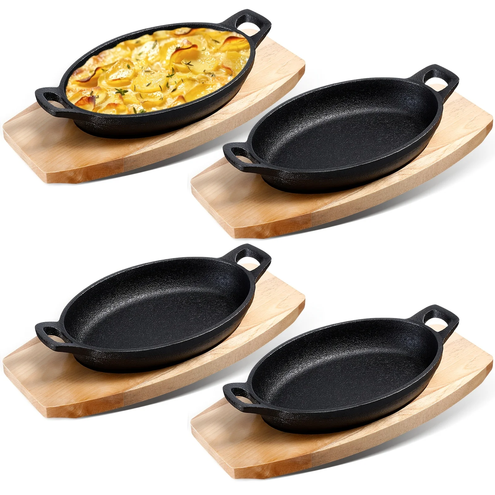 Juego de 4 Mini Sartenes de Hierro Fundido con Base de Madera Negra Resistente - Sartenes Ovaladas de 8oz para Asar, Hornear y Preparar Fajitas