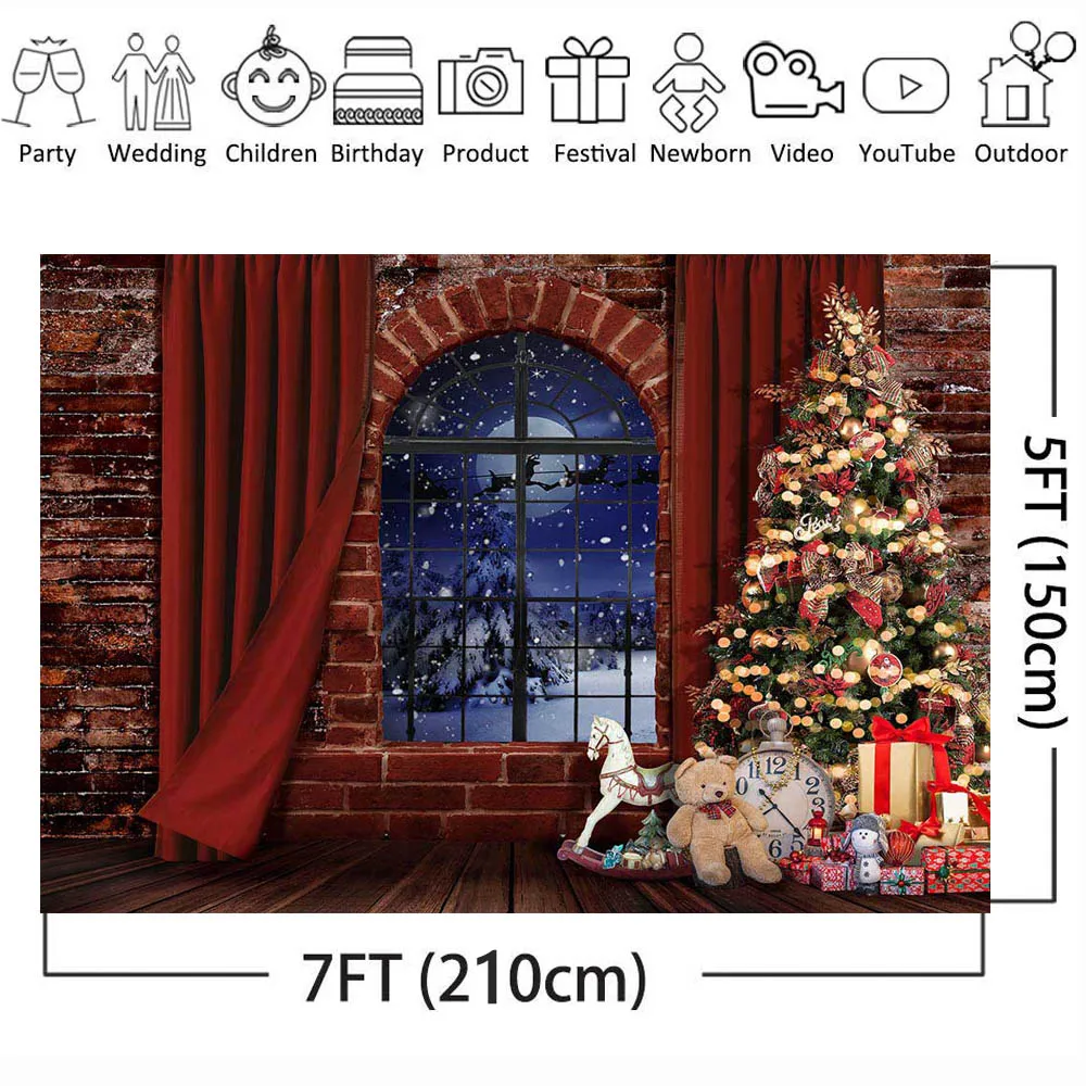 Mocsicka-Arrière-Plan de Photographie pour Portrait de Bébé et Enfant, Rideau Rouge, Arbre de Noël, Mur de Briques, Fenêtre, Neige, Plancher en Bois