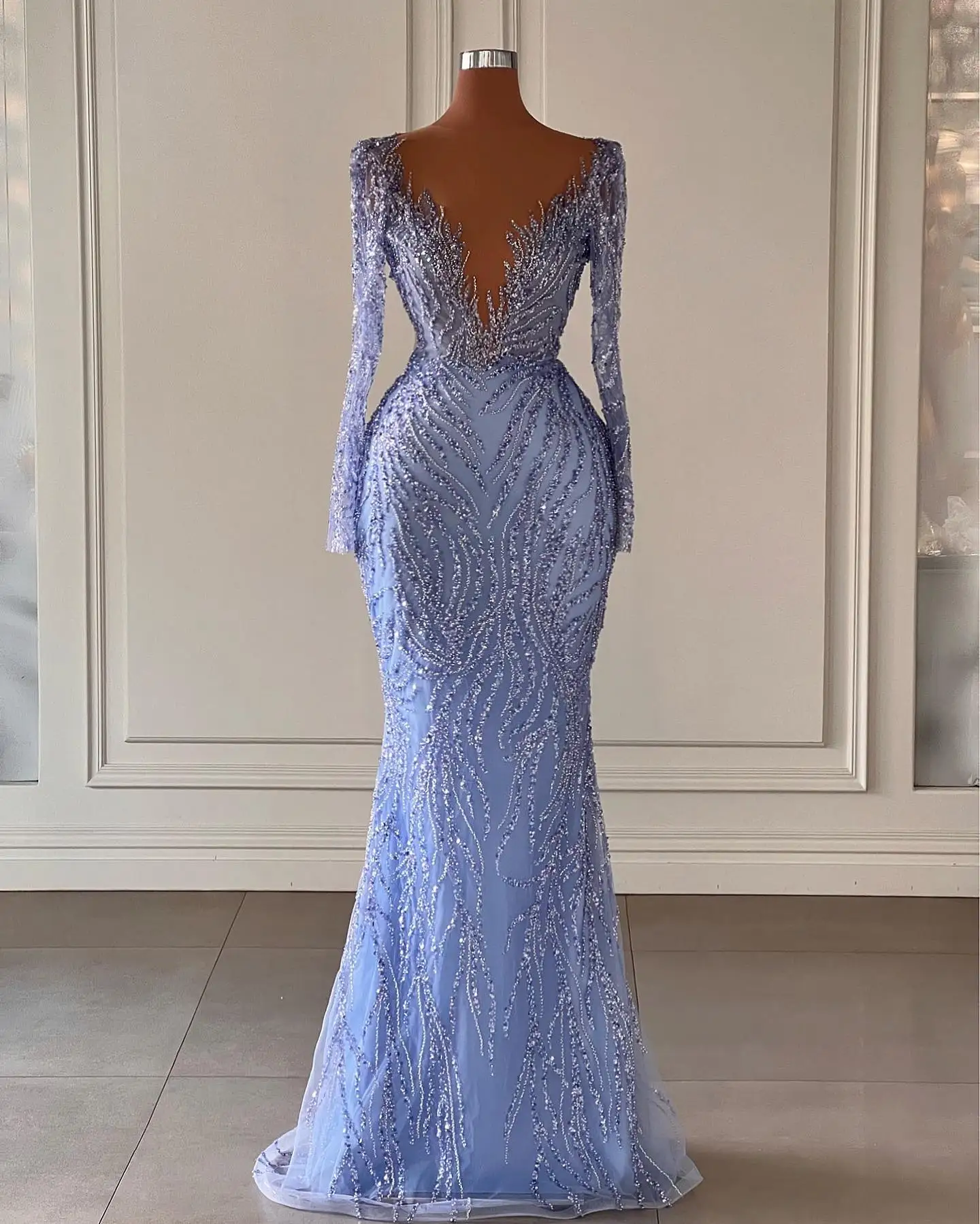 Sexy Beads mermaid Evening Dresses Elegant Deep V Neck Prom Dress Full Sleeve Lace Shiny robe de soiree