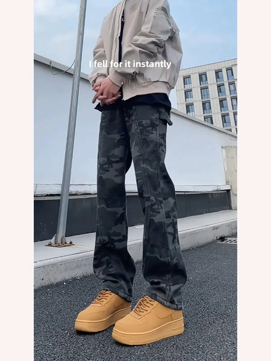 

Джинсы Cleanfit Camouflage Fce с подкладкой из денима, мужские осенне-зимние брюки в стиле High Street Sle, рабочая одежда, свободные прямые джинсы