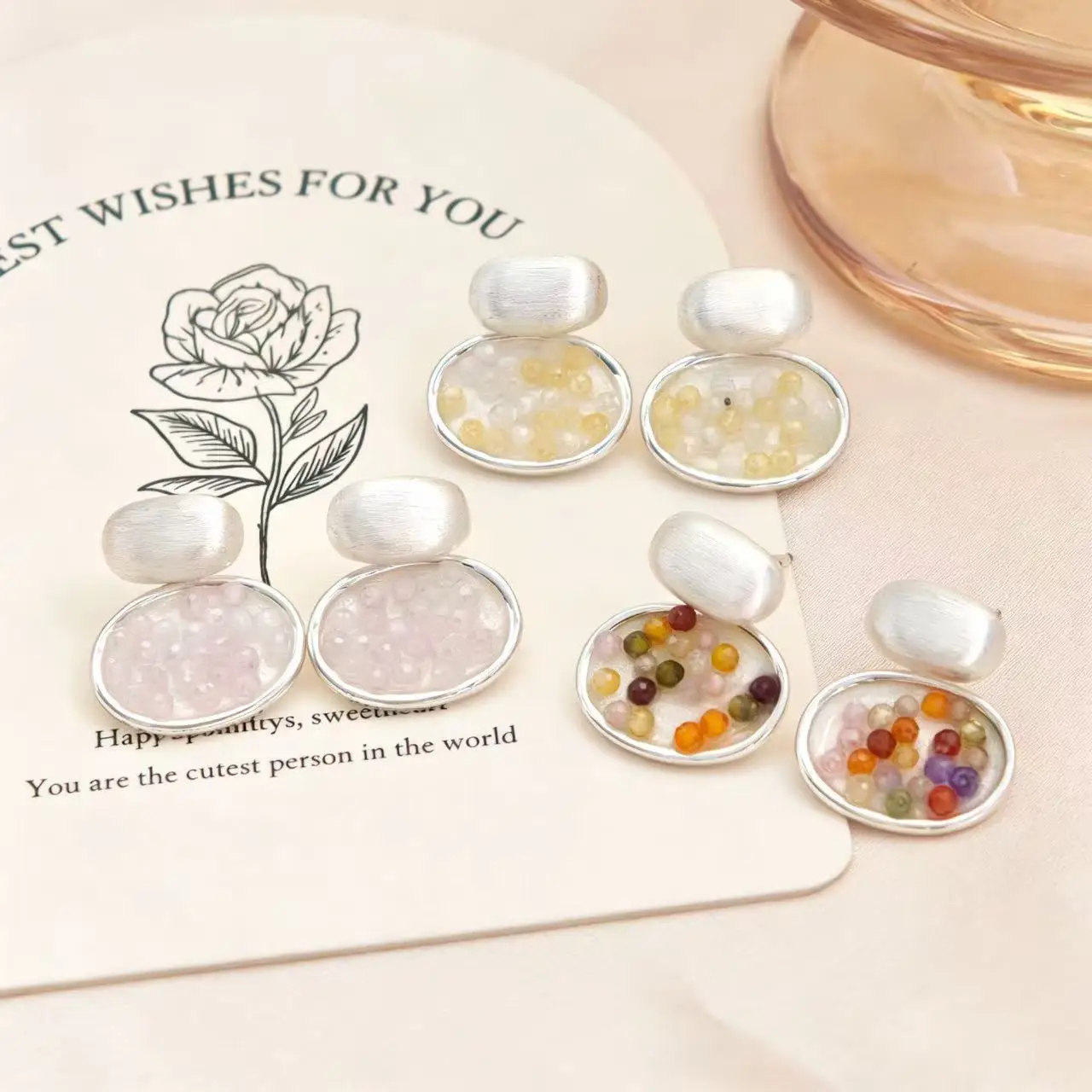 Summer dopamine colored crystal brushed oval earrings, exquisite and high-end, personalized and versatile earrings