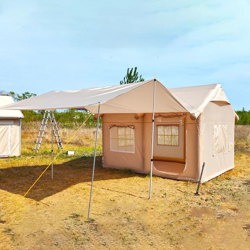 

Beige Inflatable Tent Outdoor Camping Tent with Canopy Windproof Rectangular Air Sealed Tent for Family Made of Oxford Fabric