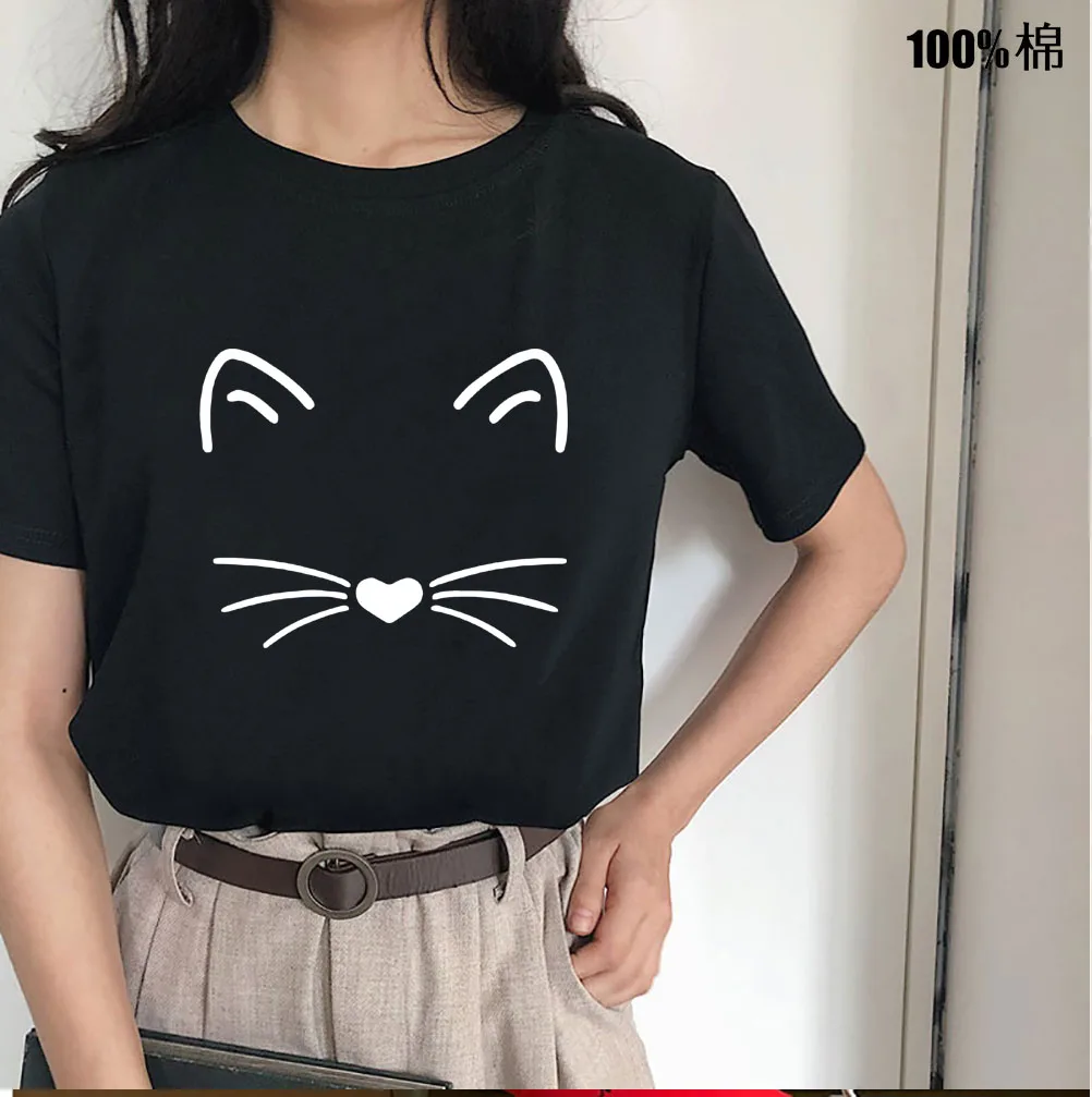 Cat Face Print Women T Shirt Short Sleeve O Neck Loose Women Tshirt Ladies Tee Shirt Tops Clothes Camisetas Mujer