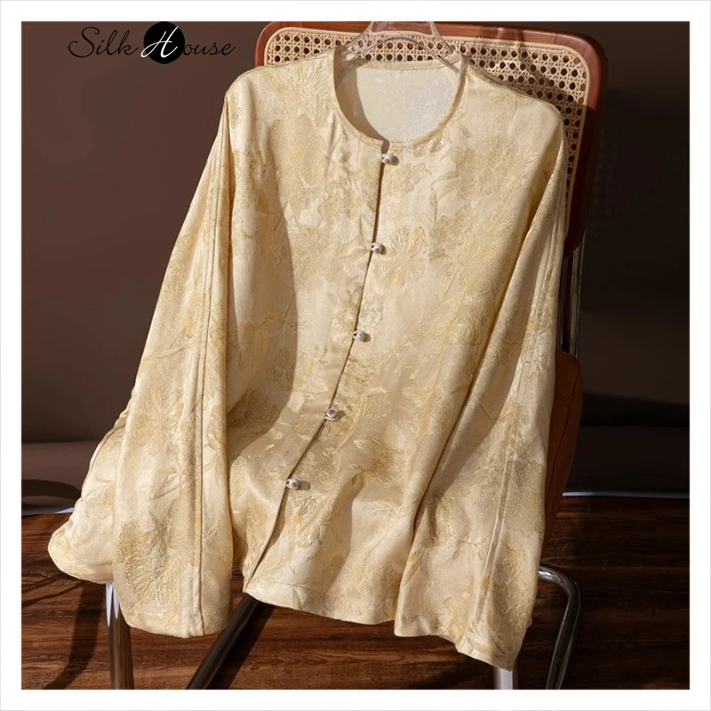 

Exquisite Jacquard Gold Silk 35% Natural Mulberry Silk 65% Wool Women's Fashionable Round Neck Long Sleeved Gold Shirt