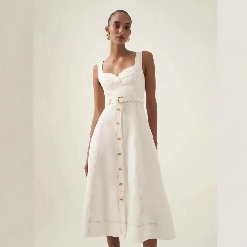 

White Vest Skirt 2025 Spring/Summer Vacation Style Pleated Bandeau Waistband Single-Breasted Dress Long Skirt Fashion