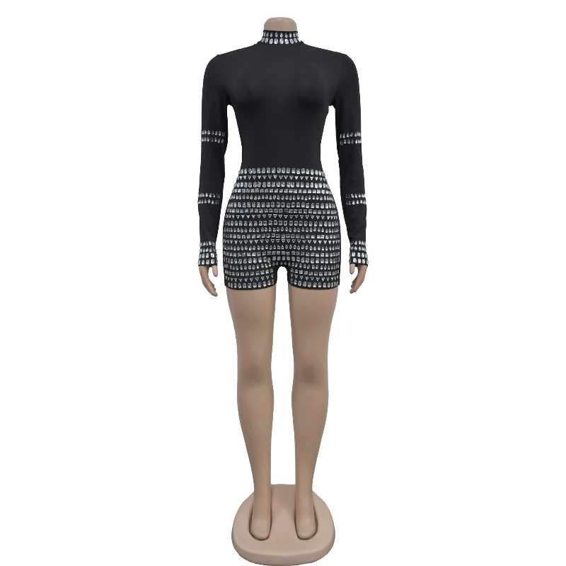 Party Sexy Short Jumpsuit Women Summer 2025 New Diamonds Hot Rhinestones Long Sleeve Jumpsuits Club One Piece Rompers Overalls