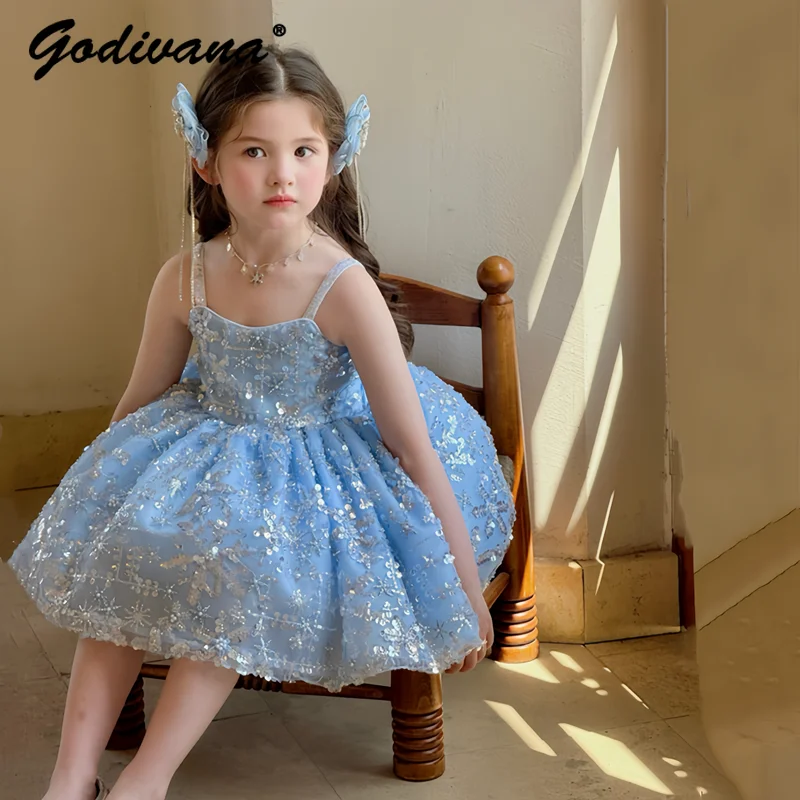 

Sweet Baby Girls High Heavy Sequin Pearls Embroidery Princess Dress Kids 2026 New Summer Bow Train Birthday Party Tutu Dress
