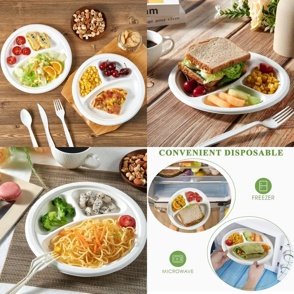 

500 штук, 10-дюймовые трехслойные компостируемые бумажные тарелки, сверхпрочные, биоразлагаемые, из сахарного тростника, идеально подходят для ежедневного использования, ужинов, п