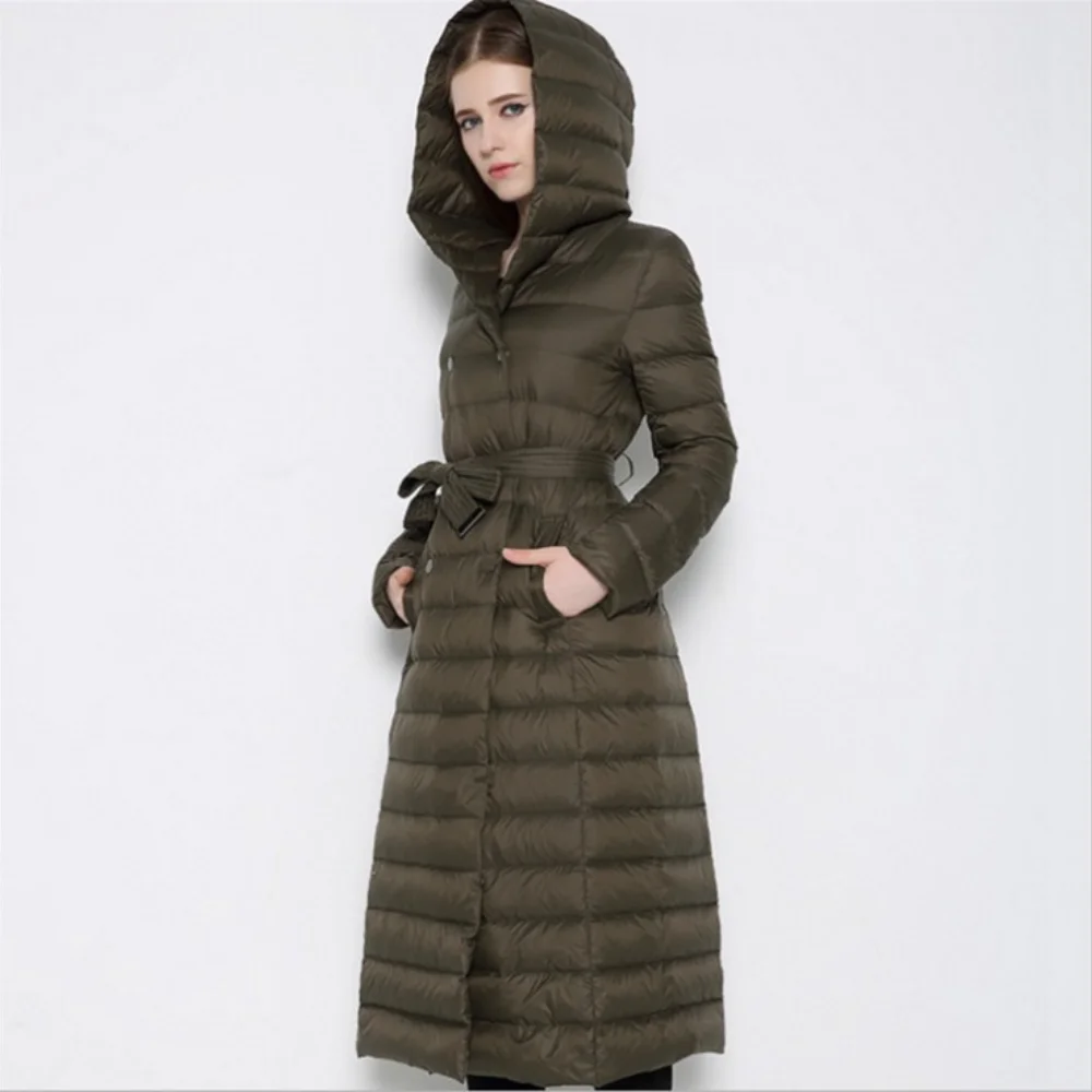 Elegant Double Breasted Hooded with Belt Down Coat Long Warm Overcoat Women\'s Winter Jackets 2024 Light Slim Clothing Army Green