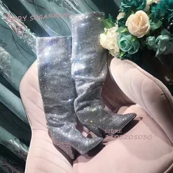 Botas de tacón completo de cristal para niña, botines hasta la rodilla con purpurina metálica plateada con joyas plisadas, zapatos de vestir de diseño de lujo sueltos