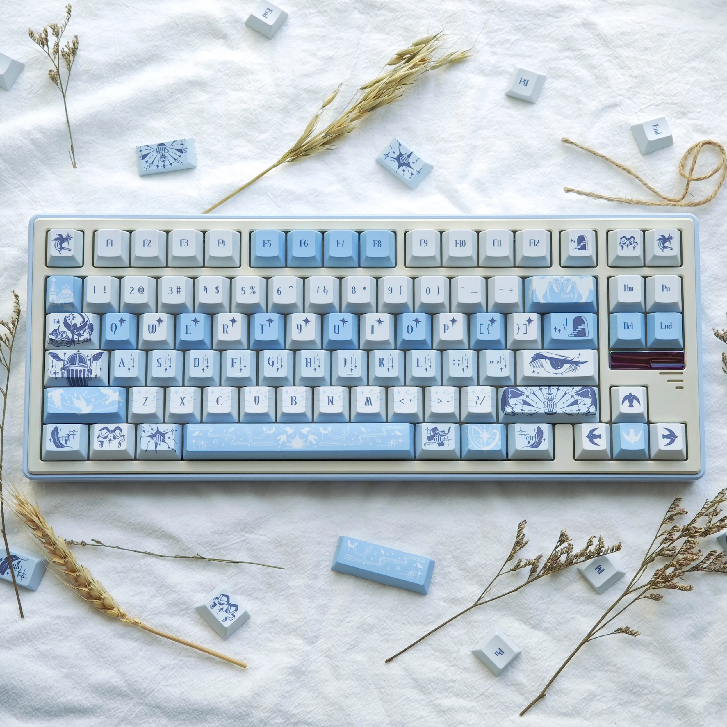 Blue White Spray Blue PBT Keycaps Cherry Profile Dye-Sublimation Custom Keycap Set for MX Mechanical Keyboards
