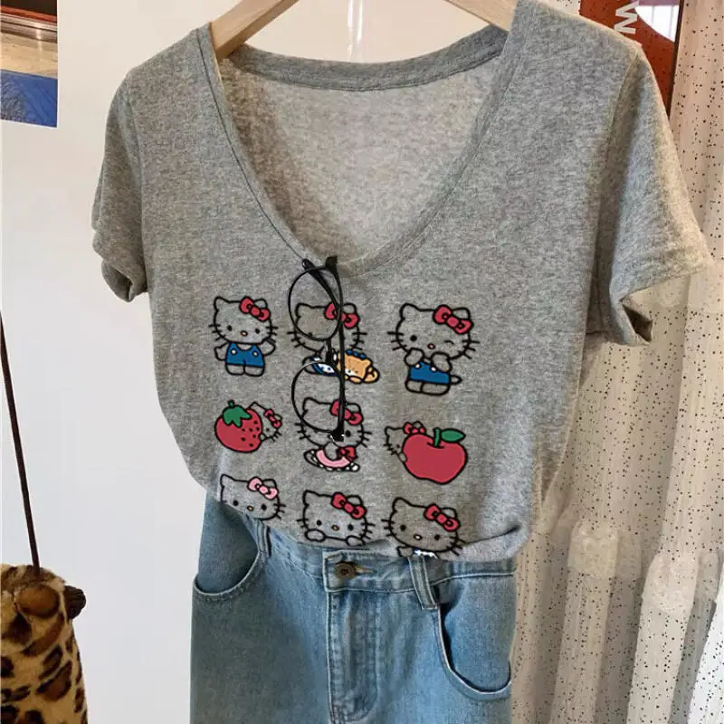 Short-Sleeved T-Shirt Hello Kitty 2026 Summer Women's Age-Reducing New Style Shoulder Casual Cartoon Thin Tops Trendy Cute Print