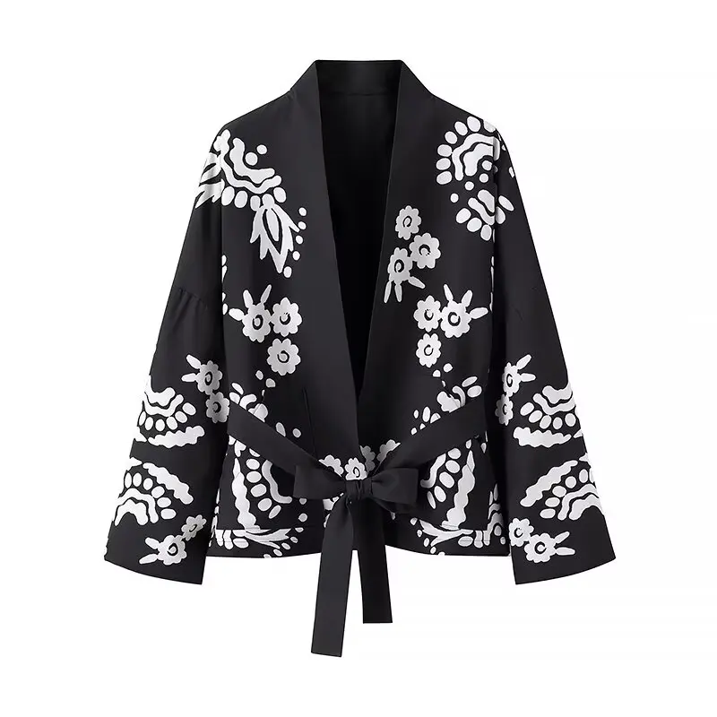 2024 autumn new women\'s fashion versatile casual temperament long sleeved printed jacket with belt