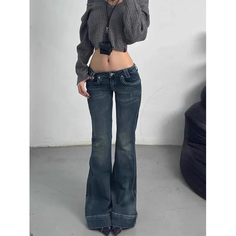 Y2K Women Blue High Waist Sheath Flared Jeans Vintage Retro Harajuku Slim Denim Pants High Street 2000s Daily Fashion Outfits