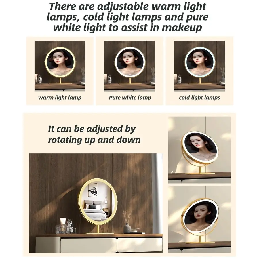 Espejo de maquillaje con soporte, espejo de tocador redondo 15,8, luces LED, rotación Smart Touch 360, regulable blanco dorado