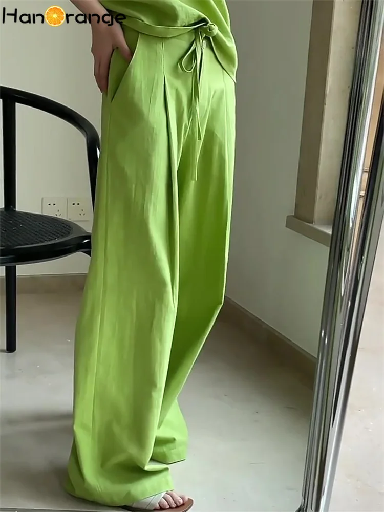 HanOrange 2024 Summer Lazy Pure Cotton Belt High Waist Wide Leg Pants Women Casual Loose Trousers Female Green Beige