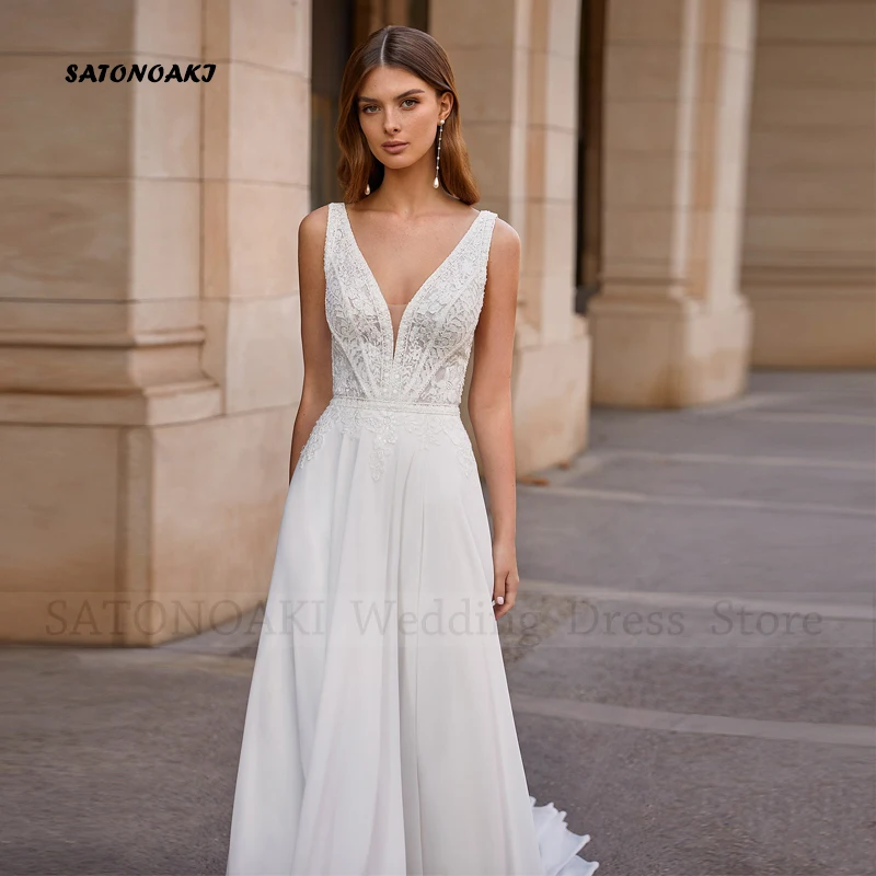 

Elegant Sexy Ivory Boho V-Neck Lace Chiffon Wedding Dress for Women Backless Appliques A-Line Bridal Gown Vestidos De Novia Robe