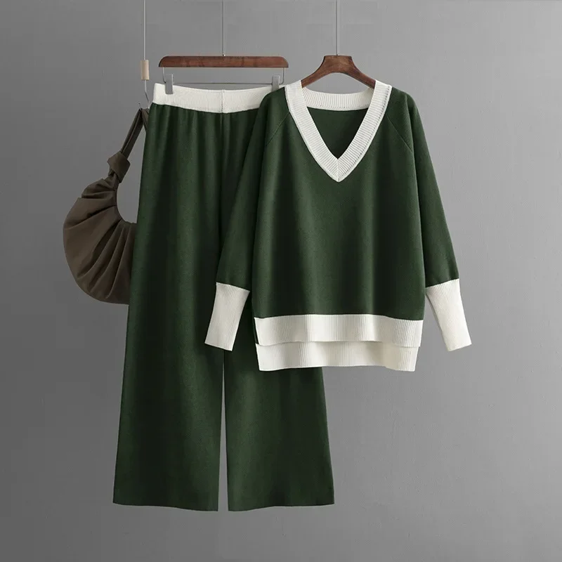 Casual set women's autumn and winter new item V-neck contrasting knitted sweater loose wide leg pants two-piece set