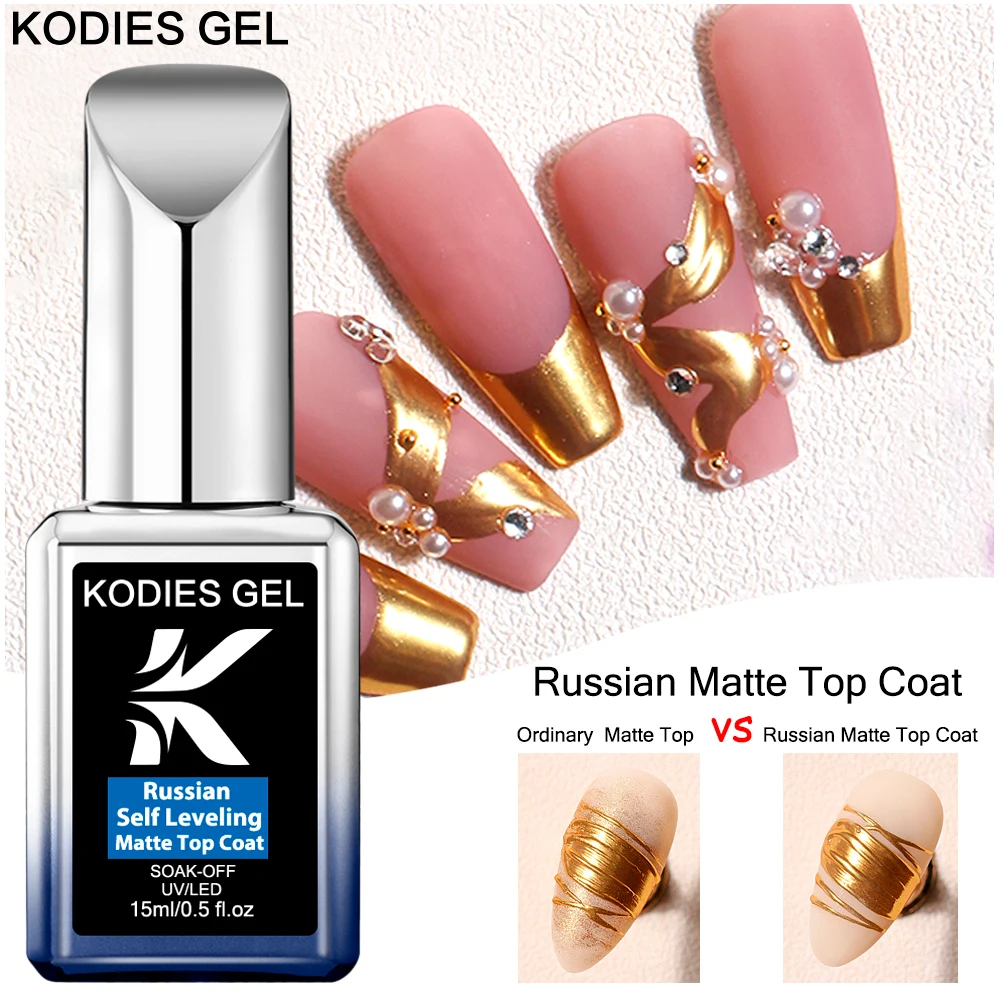 KODIES GEL Russian Matte Top Coat UV Gel Nail Polish 15ML Frosted Non Stick Powder Mat Top Coat No Wipe Semi Permanent Seal Gels