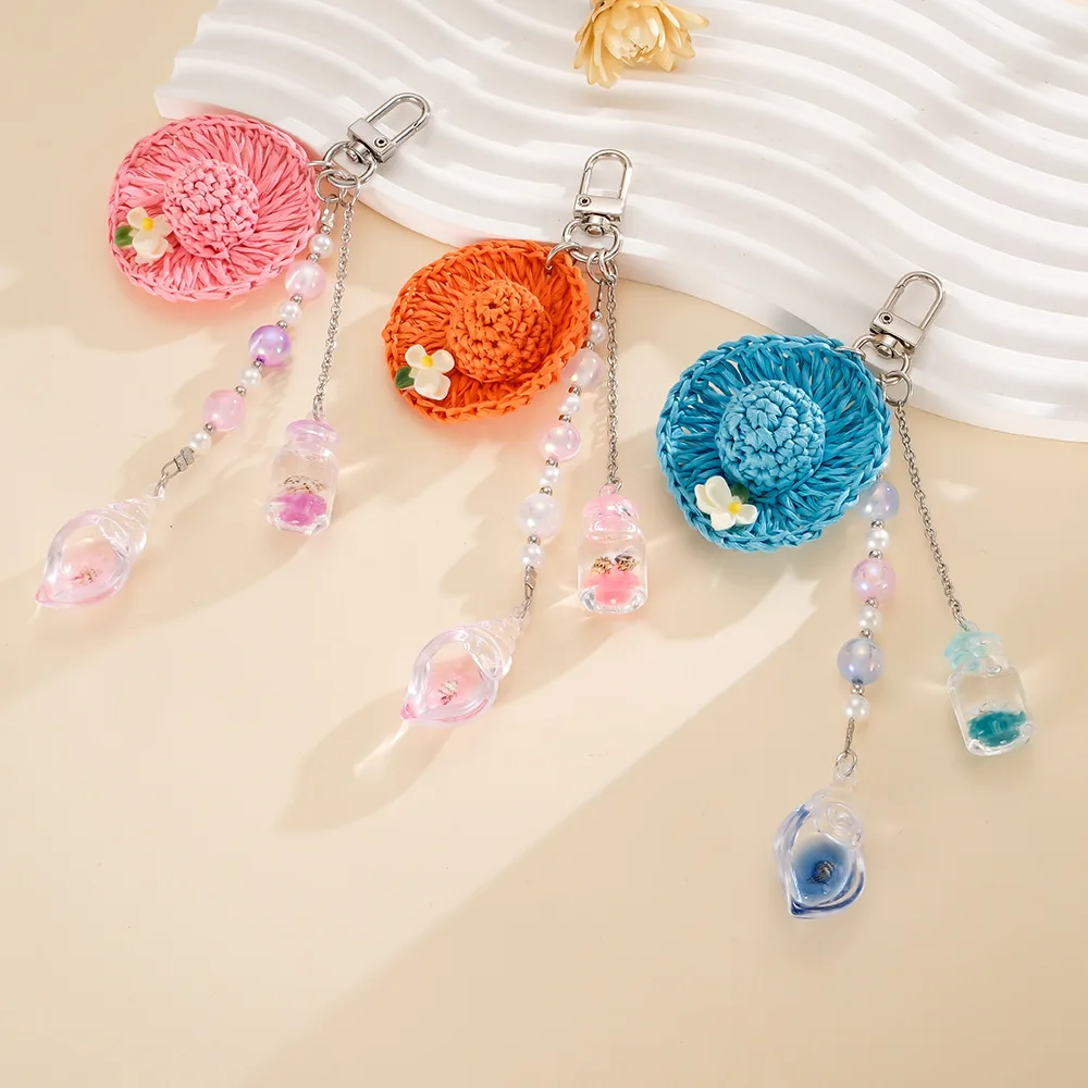 Handmade Crochet Straw Hat Keychain Colorful Conch Wishing Bottle Key Ring for Girl Purse Wallet Backpack Cellphone Keyfob Gifts