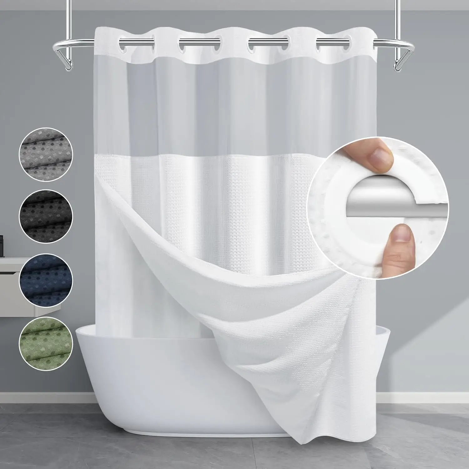 

White Snap-in Liner Shower Curtain, 230GSM Waffle Weave Bathroom Decor, 71W x 74H