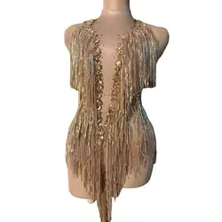 Sparkly Rhinestones Fringes Bodysuit Women Nightclub Outfit Glisten Dance Costume One-piece Dance Wear Singer Stage Leotard