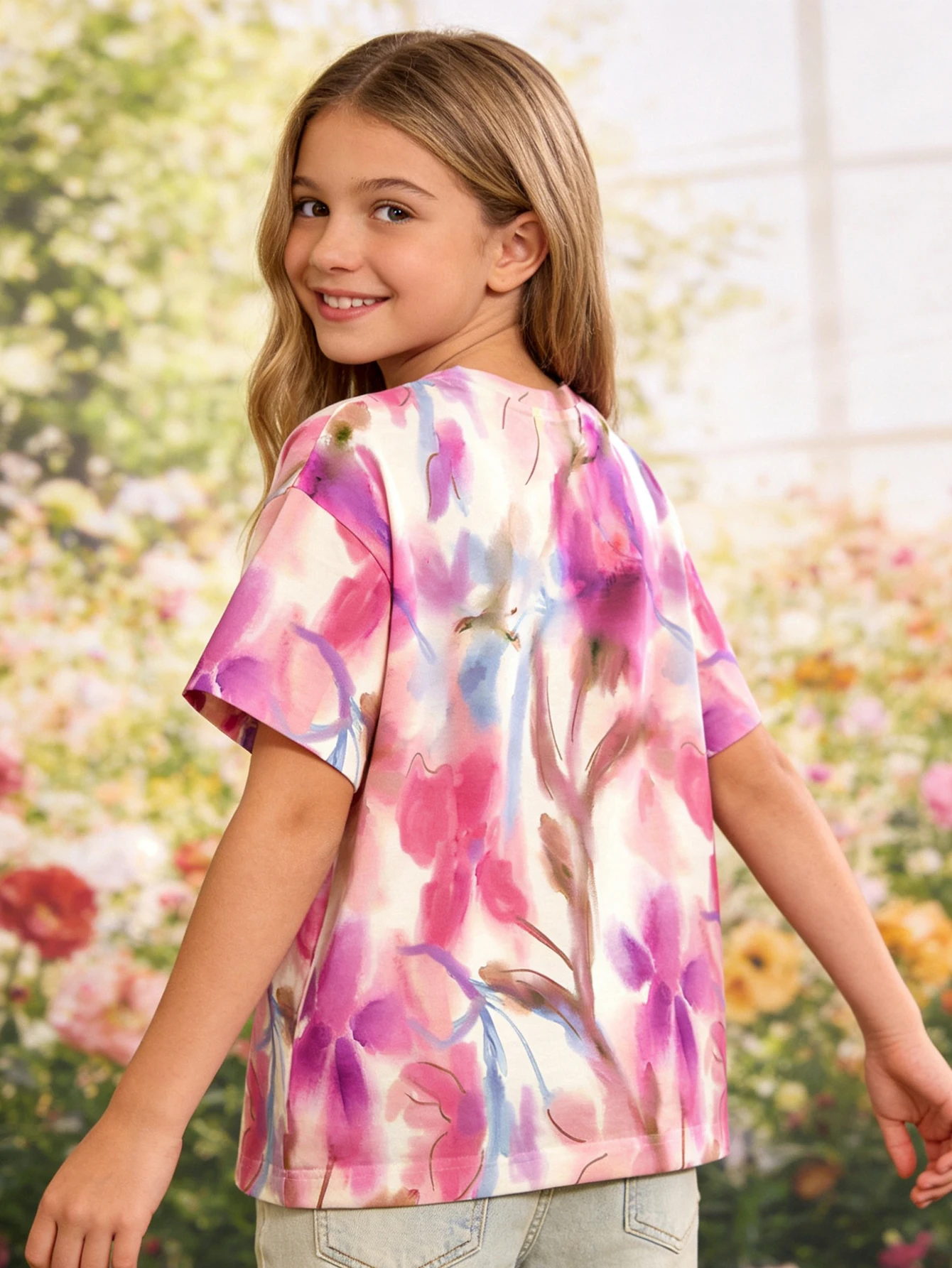 2026 girls pink and purple watercolor tie-dye short-sleeved T-shirt