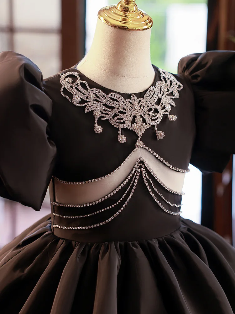 Vestido de baile negro para bebé, vestidos de flores para niña, vestidos de lentejuelas para niños, vestidos de fiesta de cumpleaños de boda