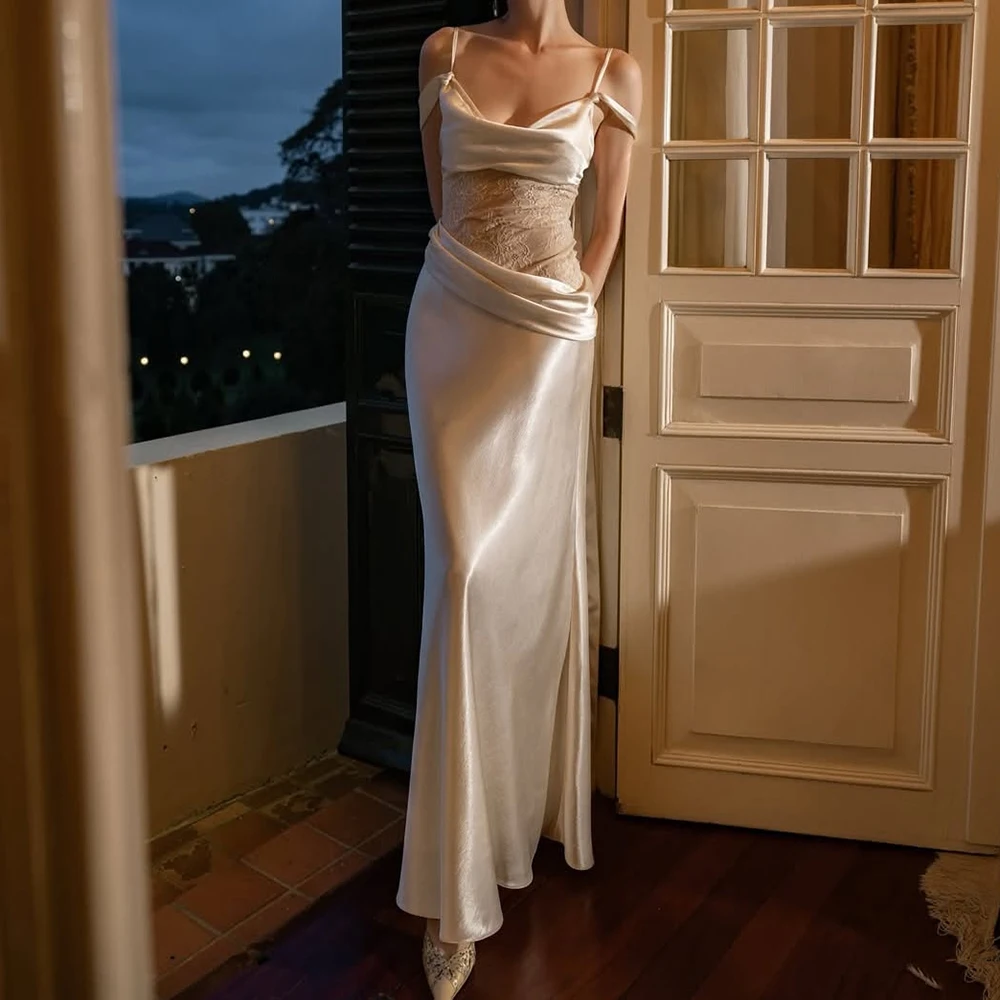 Robe de soirée trapèze personnalisée, longueur cheville, bretelles Spaghetti, sans manches, robe de bal Simple, mode dentelle plissée, drapée, robe de soirée